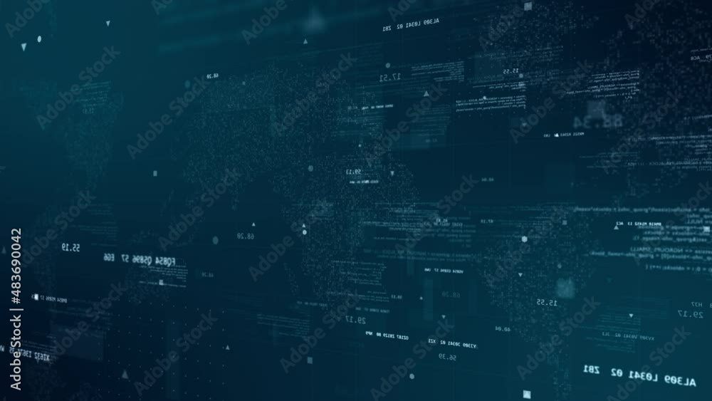 Poster motion graphic of blue digital cyberspace with program code levitation on futuristic map background 