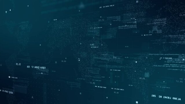 Motion graphic of Blue digital cyberspace with program code levitation on futuristic map background technology abstract background concept