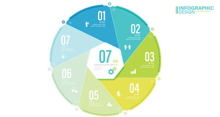 Vector infographic circle. Cycle diagram with 7 options. Presentation stock illustration Number 7, Infographic, Circle, Icons, Pie Chart