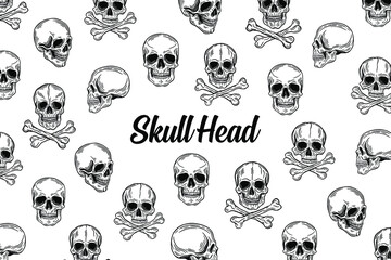 Set Dark illustration Skull Head Hand drawn Hatching Outline Style