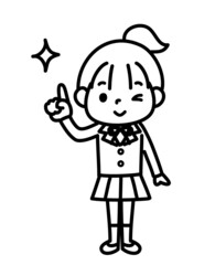 指をさしてウインクする女子学生　モノクロ