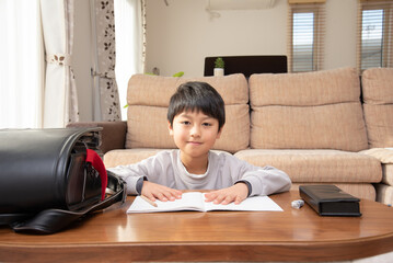 リビングで宿題をする小学生の男の子 - obrazy, fototapety, plakaty