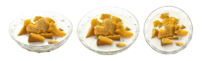 Thai dessert from pumpkin and coconut milk on white background