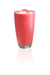 iced strawberry milkshake in glass on white background