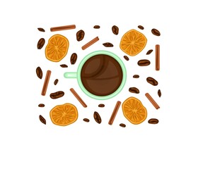 A cup of coffee is decorated with dried orange slices, cinnamon sticks and coffee beans.
