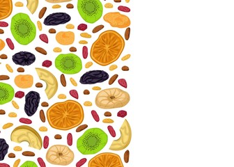 Dried fruits set. Sample. Multi-colored image of dry slices of apple, kiwi, orange with prunes and dried berries of barberry and raisins.