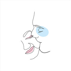 One line drawing kissing couple, kiss, lips. Abstract line art.