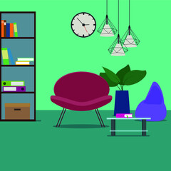 Room interior with comfortable armchair, bookcase. Modern lamp and coffee table. Vector flat design