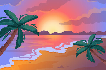 Fototapeta na wymiar Evening sea landscape. Cartoon background with ocean shore, palm trees and evening sky, travel and tourism concept. Vector illustration