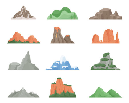 mountains. Cartoon dessert rock and snowy cliff landscape element. Vector isolated set