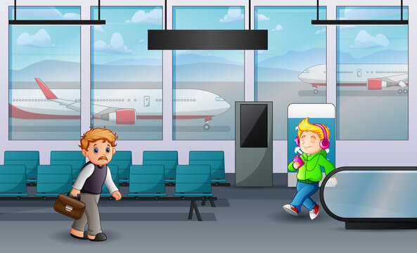 Cartoon illustration of people at airport terminal