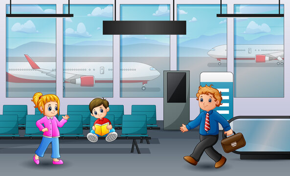 Illustration of airport interior with passengers concept