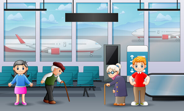 Airport passenger terminal with waiting room and people