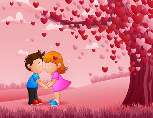 Cartoon illustration of a couple kissing under a heart tree