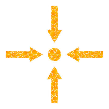 Vector golden meeting point arrows mosaic icon. Meeting point arrows is isolated on a white background. Golden items mosaic based on meeting point arrows icon.