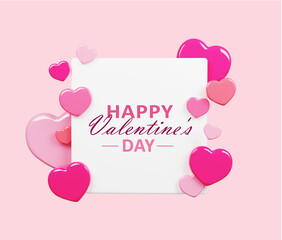 Valentine's day concept background.  3d red and pink  hearts with white square frame. Cute love sale banner or greeting card. 3d render..