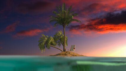 Travel. Recreation concept. Tropical island in the middle of the ocean with palm trees, deck chair and suitcase. 3d rendering