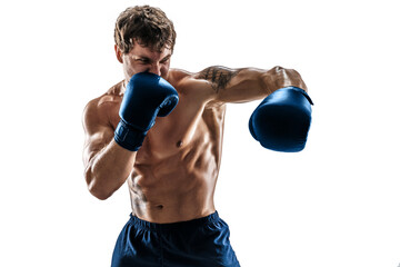 Fototapeta na wymiar Portrait of muscular boxer who training and practicing left hook in blue gloves on white background.