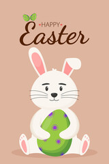 Cute Easter bunny with an Easter egg in its paws. Easter concept. Happy Easter banners, greeting cards, posters, holiday covers.