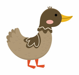 Vector duck icon. Cute cartoon illustration for kids. Farm bird isolated on white background. Colorful flat animal picture for children.