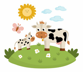 Obraz premium Vector cow with baby on a lawn under the sun. Cute cartoon family scene illustration for kids. Farm animals on natural background. Colorful flat mother and baby picture for children.