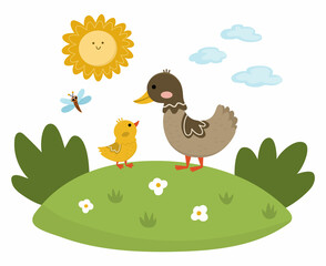 Vector duck with baby duckling on lawn under the sun. Cute cartoon family scene illustration for kids. Farm birds on nature background. Colorful mother and baby animals picture for children.