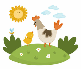 Vector hen with baby chicken on lawn under the sun. Cute cartoon family scene illustration for kids. Farm birds on nature background. Colorful mother and baby animals picture for children.