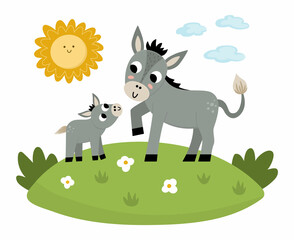 Vector donkey with baby on a lawn under the sun. Cute cartoon family scene illustration for kids. Farm animals on natural background. Colorful flat mother and baby picture for children.