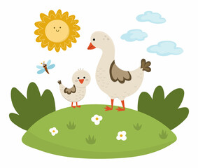 Obraz na płótnie Canvas Vector goose with baby gosling on lawn under the sun. Cute cartoon family scene illustration for kids. Farm birds on nature background. Colorful mother and baby animals picture for children.
