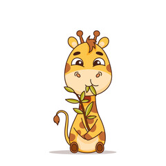 Happy giraffe eats leaves from a branch. Vector illustration for designs, prints and patterns. Isolated on white background