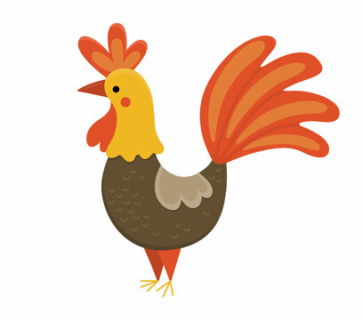 Vector rooster icon. Cute cartoon cockerel illustration for kids. Farm bird isolated on white background. Colorful flat animal picture for children.