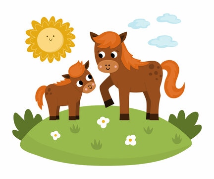 Vector horse with baby on a lawn under the sun. Cute cartoon family scene illustration for kids. Farm animals on natural background. Colorful flat mother and baby picture for children