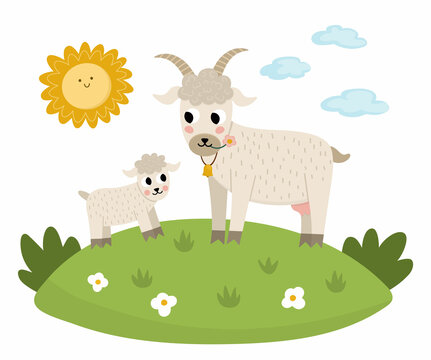 Vector goat with baby on a lawn under the sun. Cute cartoon family scene illustration for kids. Farm animals on natural background. Colorful flat mother and baby picture for children.