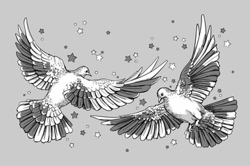 Two beautiful doves in flight. A couple of birds. Stylish image to print on any surface