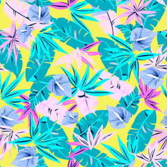 Seamless pattern Exotic wallpaper of tropical flowers green leaves of palm trees and flowers calla , artwork for fabrics, souvenirs, packaging, greeting cards