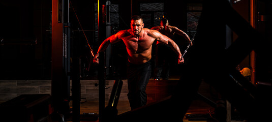 Banner templates with muscular man, muscular torso, six pack abs muscle. Strong muscular man works...