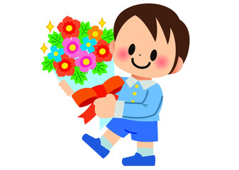 誕生日,花束,花,子供,学校,お祝い,祝福,３月,４月,発表会,人物,卒業生,小学校,人,男の子