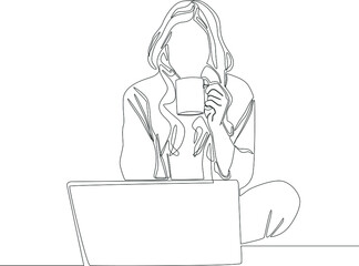 Continuous line drawing of professional young business woman drink a coffee before work from home and using mobile digital tablet computer work isolated on white background