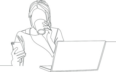 continuous line drawing of professional young business woman drink a coffee before work from home and using mobile digital tablet computer work isolated on white background