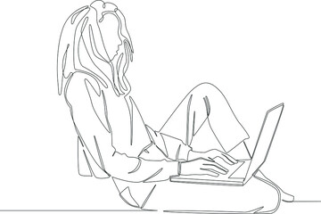 Continuous line drawing of professional business young woman, work at home when wake up use mobile digital tablet computer work isolated on white background. Vector illustration