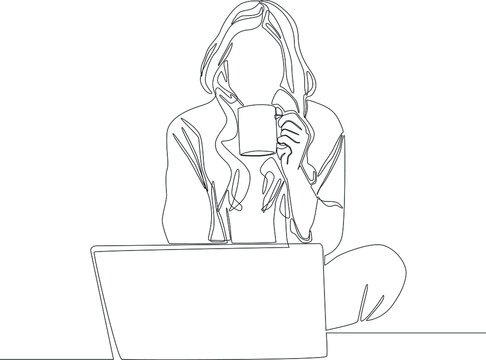 Continuous Line Drawing Of Professional Young Business Woman Drink A Coffee Before Work From Home And Using Mobile Digital Tablet Computer Work Isolated On White Background