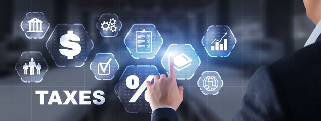 Tax payment. Businessman using virtual touchscreen presses tax button