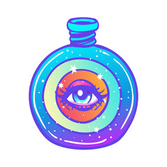 Magic potion: rainbow bottle jar with all seeing eye inside. Psychedelic hallucination. Vibrant vector illustration. 60s hippie colorful art in pink pastel goth colors isolated on white.