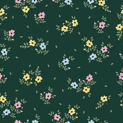 Fototapeta na wymiar Seamless vintage pattern. Pink, yellow and blue flowers, green leaves. Dark green background. vector texture. fashionable print for textiles, wallpaper and packaging.