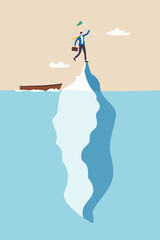 Success iceberg illusion, only success story visible, risk or failure hidden underwater, achievement or leadership concept, success businessman holding flag at peak of iceberg above hidden danger.