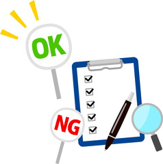 審査通過のイメージ、チェックシートと虫メガネ