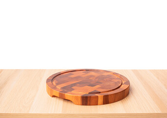 Chopping board on wood table with clipping path.for design key visual and background
