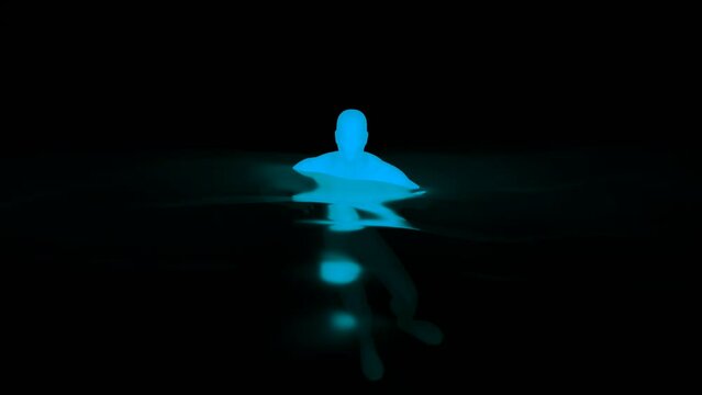 3d man swimming. Design. Fluorescent silhouette of man in water. 3D animation of glowing man floating in water on black background