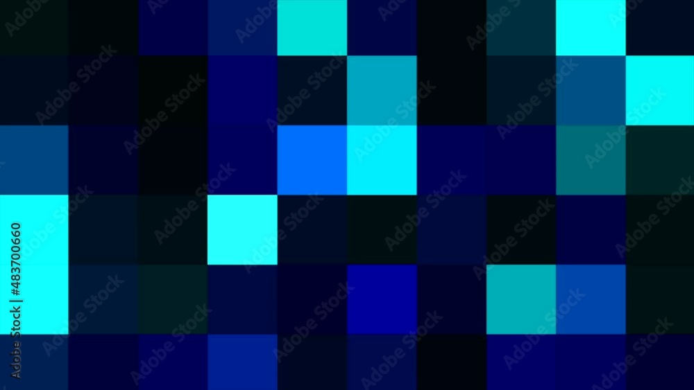 Poster moving and blinking colorful mosaic squares. motion. blurred pixelated bue pattern in random shimmer