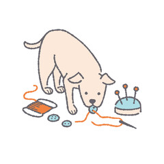 裁縫道具とボタンを咥える犬